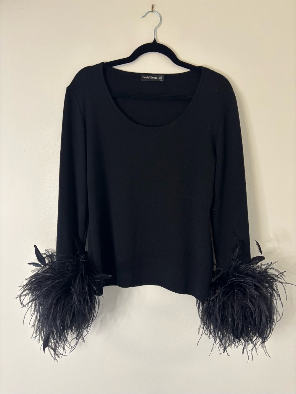 Luis Feraud Feather-Cuff Long Sleeve Top in Black